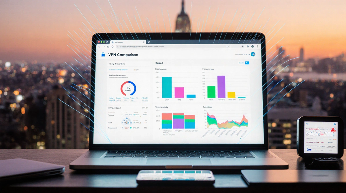 Laptop screen showing VPN comparison chart with colorful bars against sunset cityscape and neat row of devices