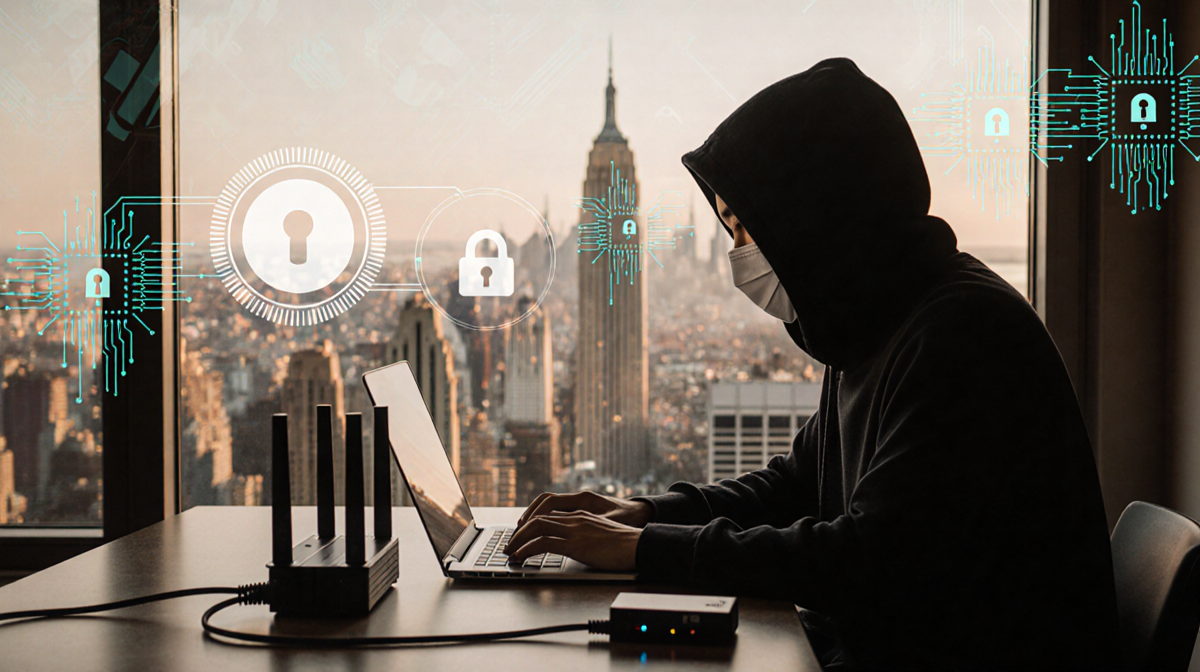 Person sits at laptop with hooded face and VPN router near desk and blurred cityscape behind warm lighting private and securi
