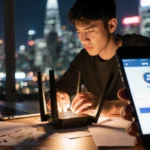 Person holds router with warm glow and VPN screen on phone in foreground, cityscape neon lights in background
