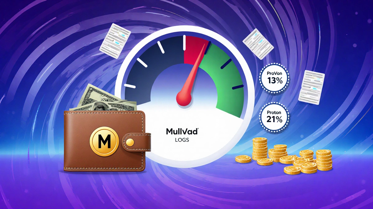 Speedometer shows 3% 16% 21% VPN speed loss with swirling data vortex and secure wallet beside it