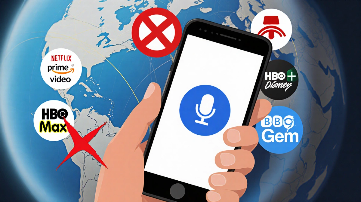 Person holding smartphone showing VPN icon with streaming logos around and a globe with red signal crossed out behind.