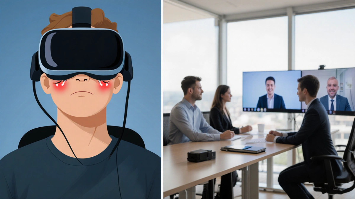 Tired person wearing VR headset with red eyes sits opposite colleagues having video meeting showing VR workspace fatigue