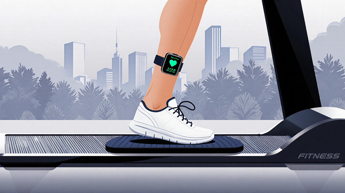 Person walking on walking pad with fitness tracker showing heart rate and step counter on calm cityscape background