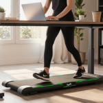 Person walking on compact walking pad while typing laptop with warm light and plants in home office for productivity.