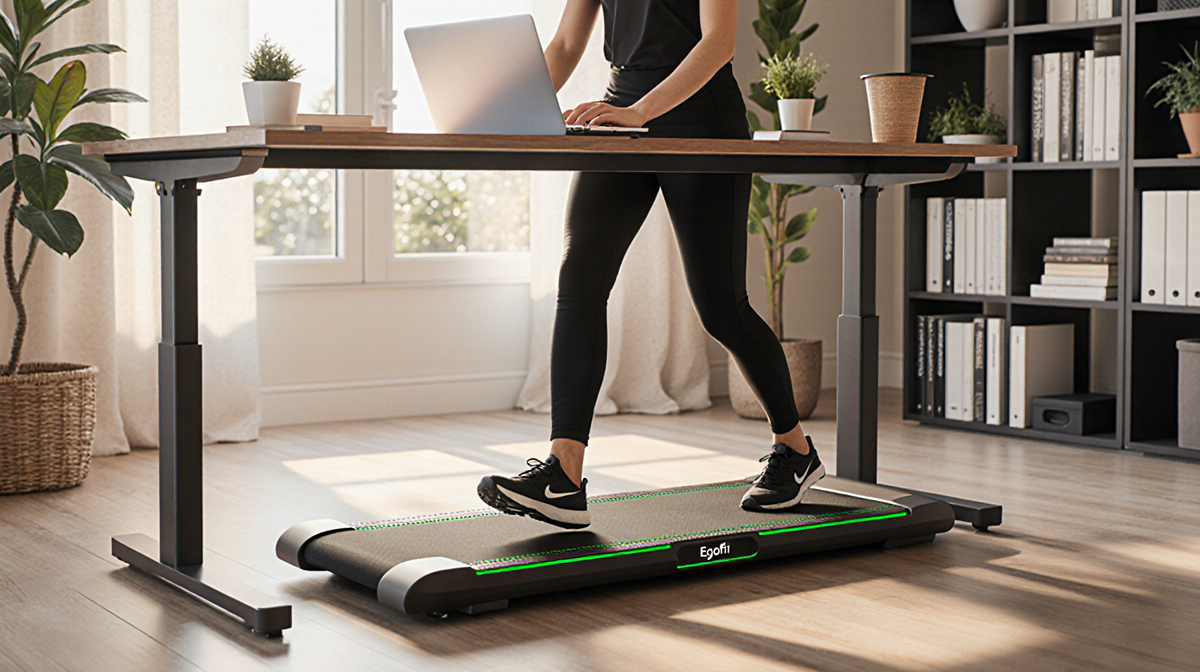 Person walking on compact walking pad while typing laptop with warm light and plants in home office for productivity.