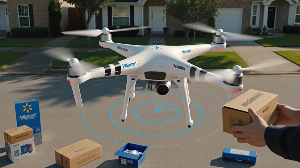 Walmart drone delivering packages above Atlanta neighborhood with person receiving order and motion blur showing rapid delive