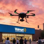 Walmart drone flying above city street with people looking up and sunset sky behind store