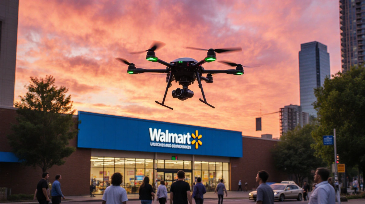 Walmart drone flying above city street with people looking up and sunset sky behind store