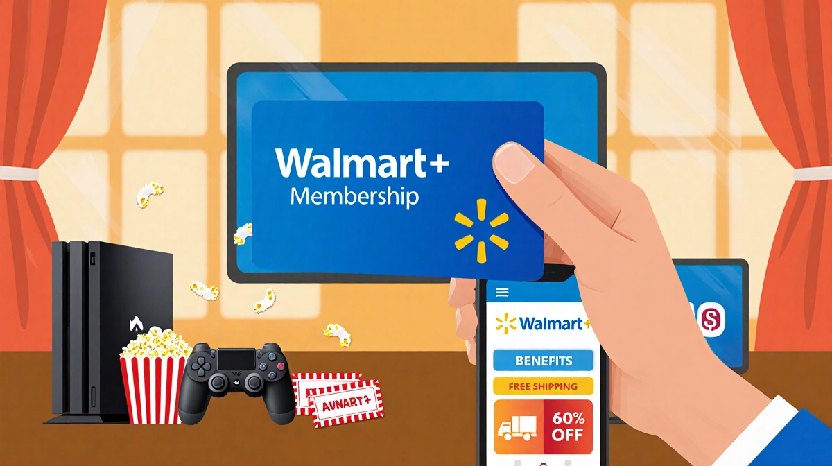 Person holds Walmart+ membership card with streaming services logos and entertainment options in warm background
