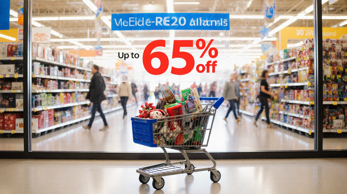 Shopping cart overflows with discounted electronics and home goods at Walmart store with bright promo signs and shoppers brow