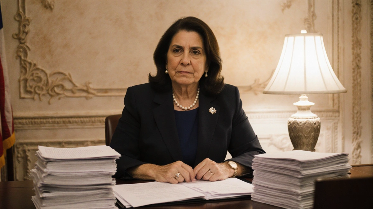 Wanda Vázquez reviewing papers at desk with warm lamp glow and colonial architecture visible behind