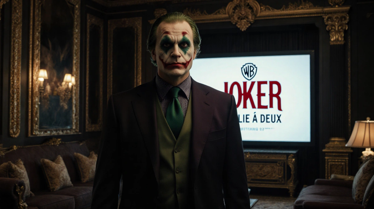 Warner Bros executive stands before Joker Folie à Deux logo with dramatic lighting and gold room showing smug expression