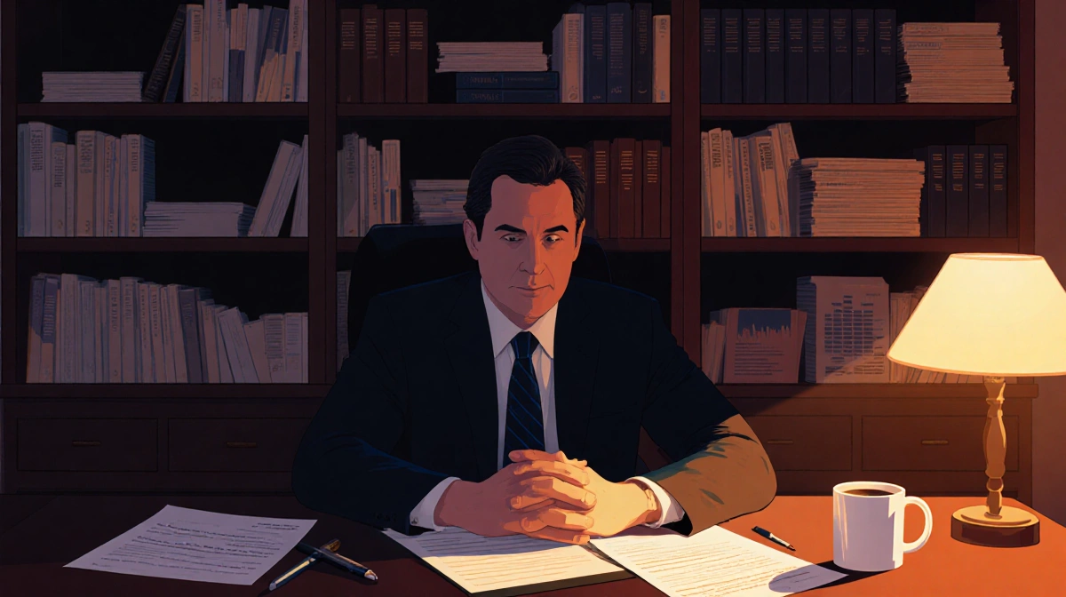 Warner Bros executive analyzing financial documents at desk with bookshelf of records and coffee cup showing late-night theat