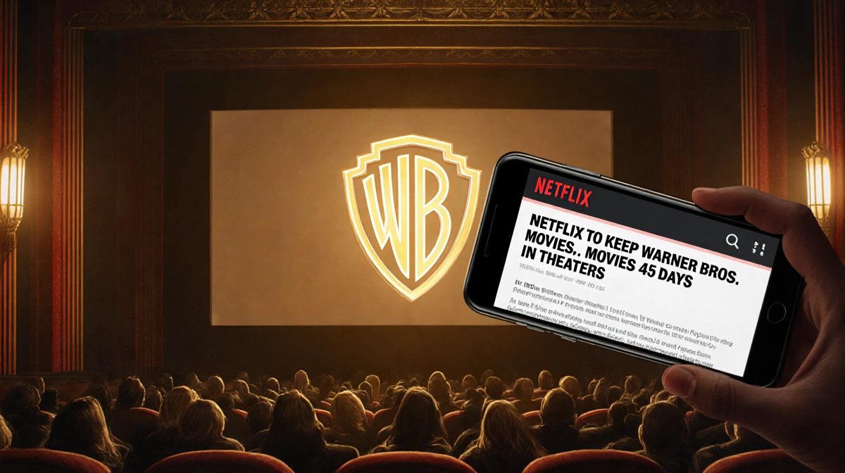 Movie theater audience watching giant Warner Bros screen with smartphone showing Netflix theater deal news