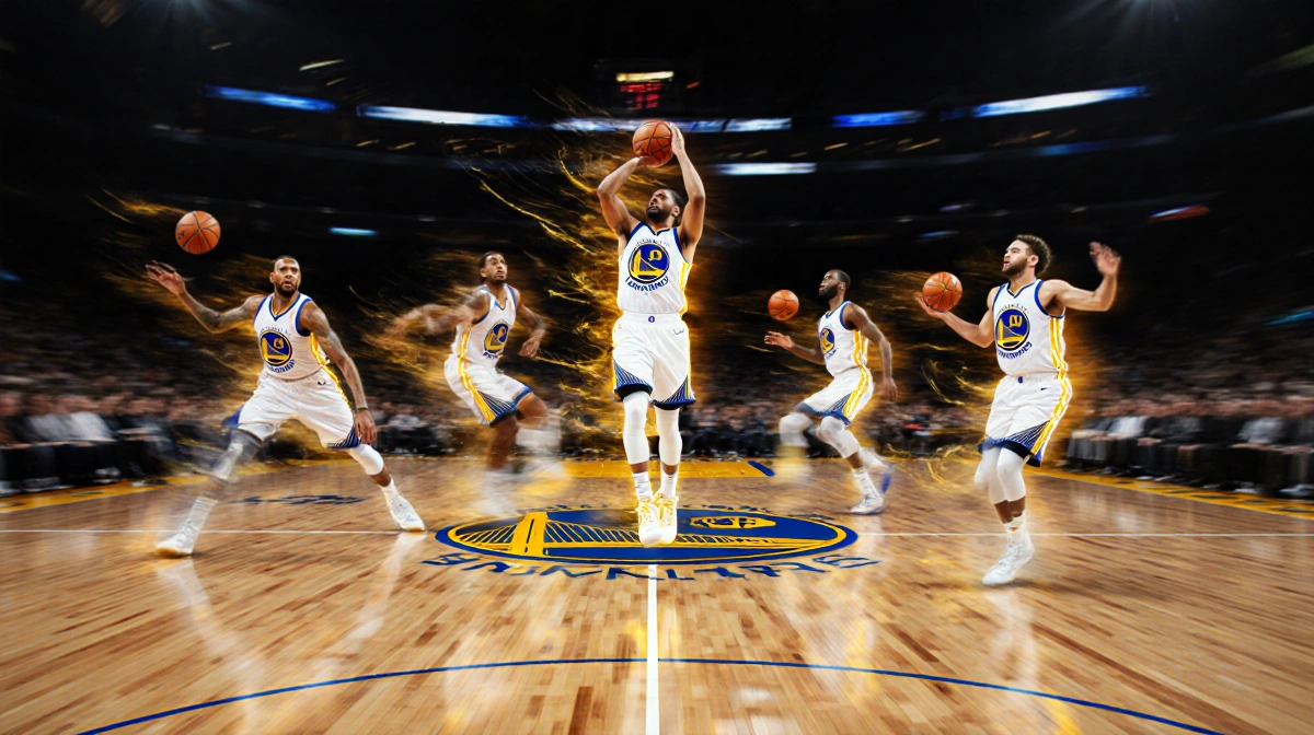 Warriors players dribbling and shooting with golden motion blur showing their best stretch on the court