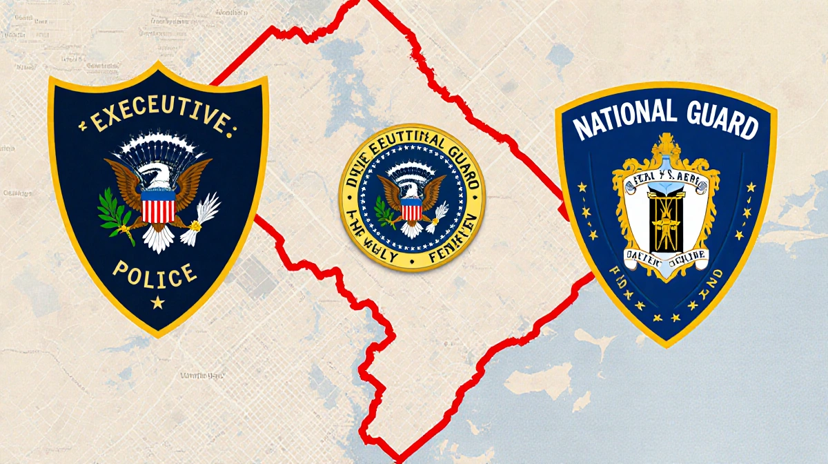 Washington DC map outlined in red with presidential seal and police shields showing government authority
