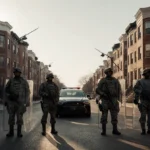 National Guard troops standing guard with riot shields and surveillance cameras watching from above