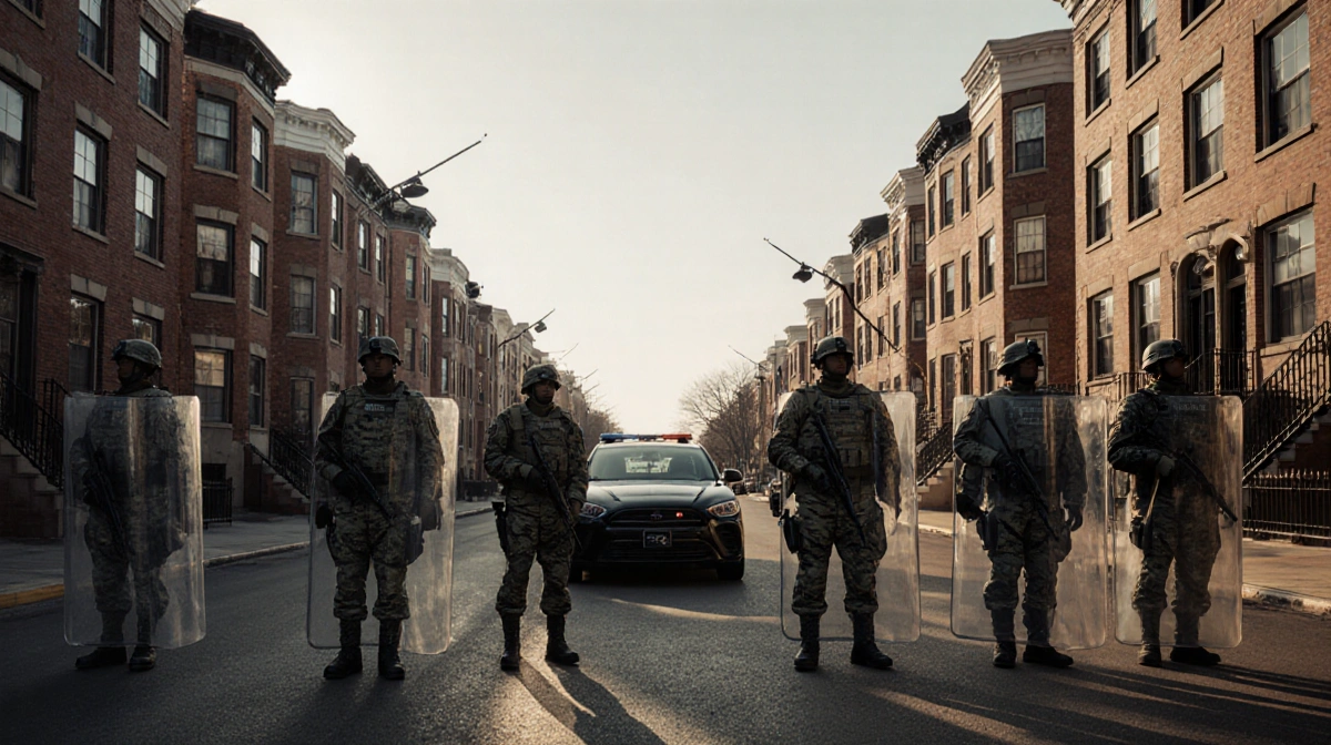 National Guard troops standing guard with riot shields and surveillance cameras watching from above