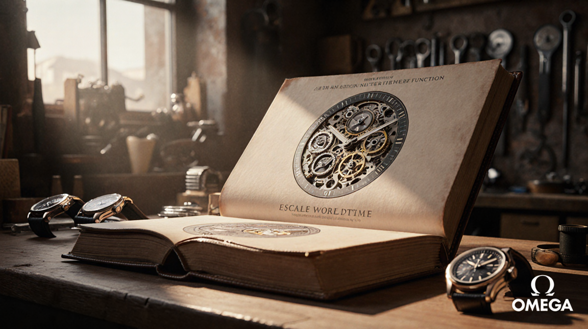 Watchmaker's workshop illuminates a leather-bound book with gears and subtle luxury branding under soft dawn light