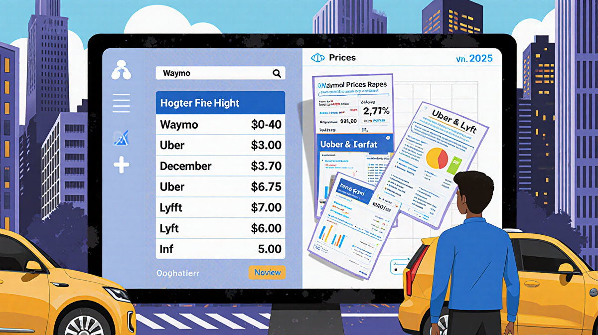 Split-screen screens show Waymo fares 30-40% higher than Uber and Lyft narrowing to 13% and 27% by 2025 with charts and city