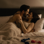 Couple embraces in an intimate moment with warm lighting and plush bedding while We‑Vibe toys peek from pillows