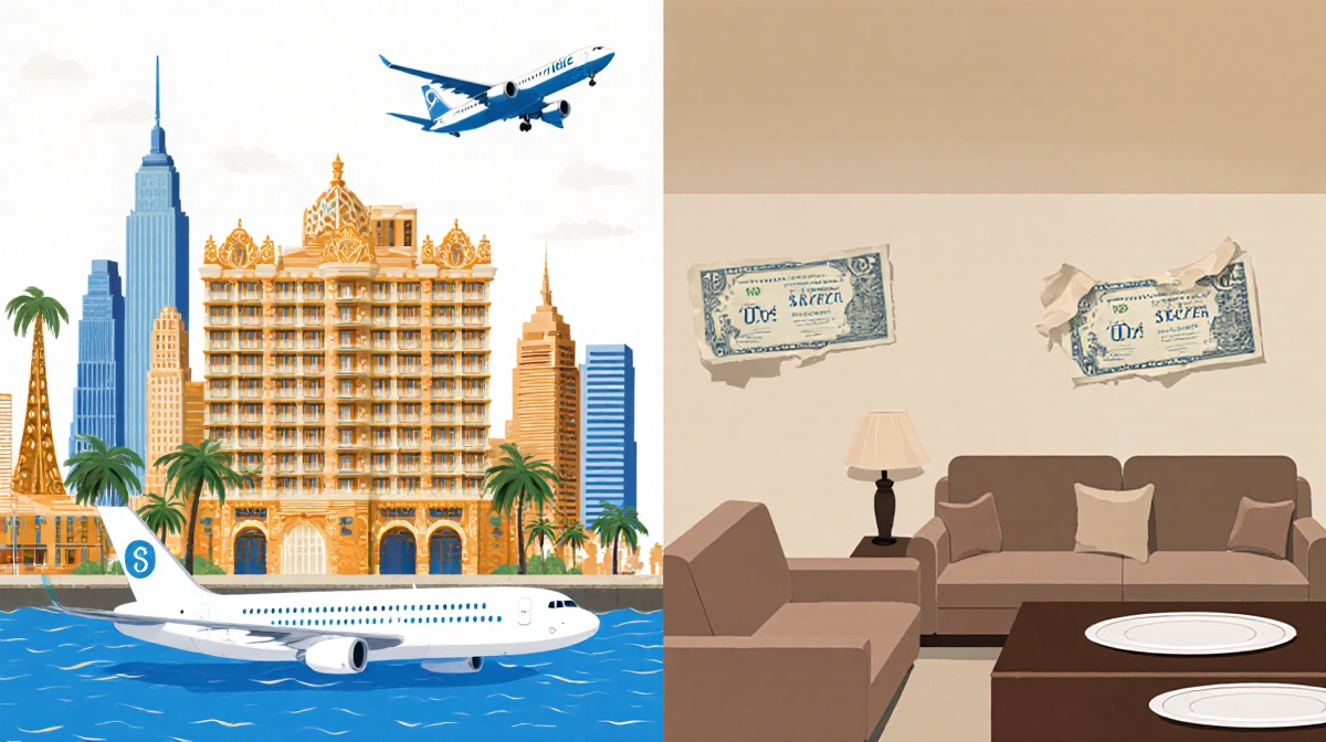 Split screen compares luxury travelers at five-star resort with budget families in sparse home showing economic inequality