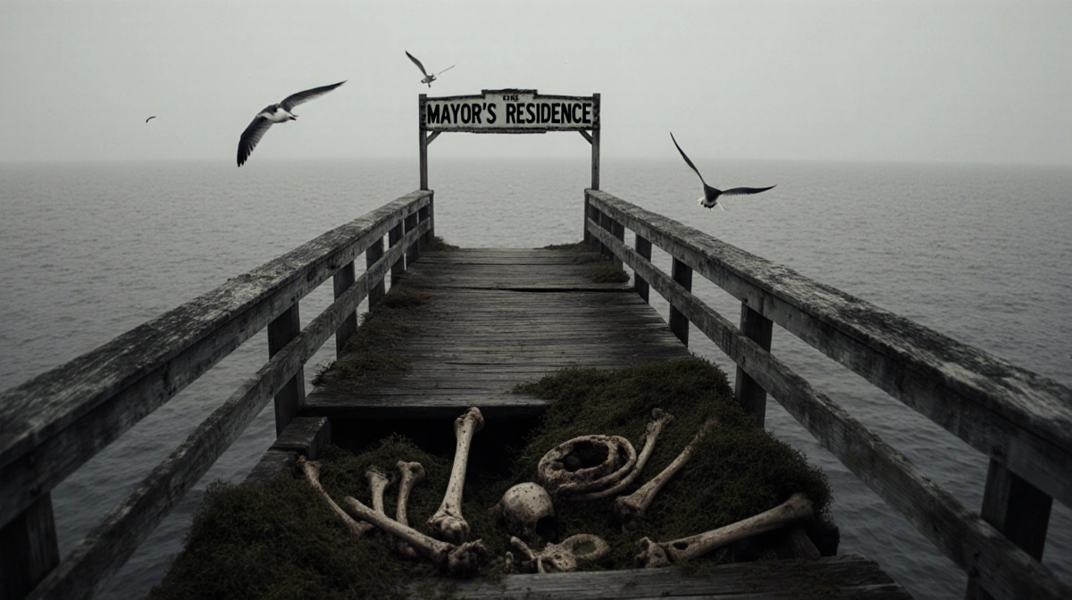 Weathered wooden pier stretches into misty ocean with skeletal remains at base and faded Mayor