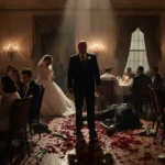 Wounded guests flee the wedding reception with overturned chairs and broken glass showing the violent attack