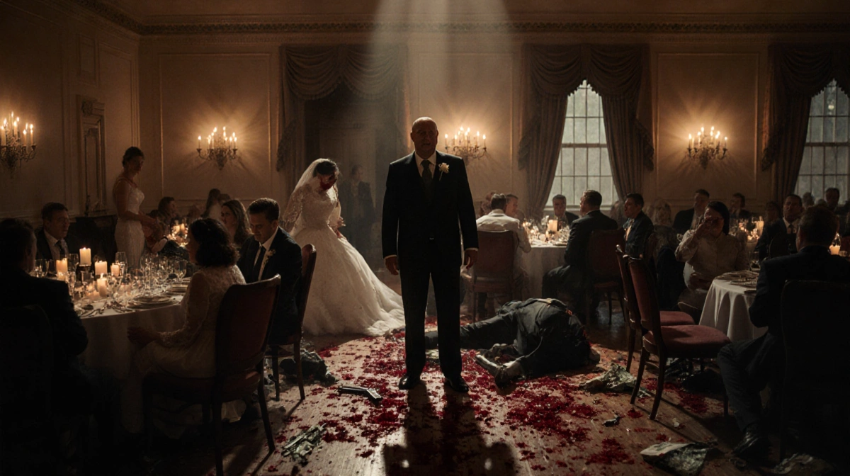 Wounded guests flee the wedding reception with overturned chairs and broken glass showing the violent attack