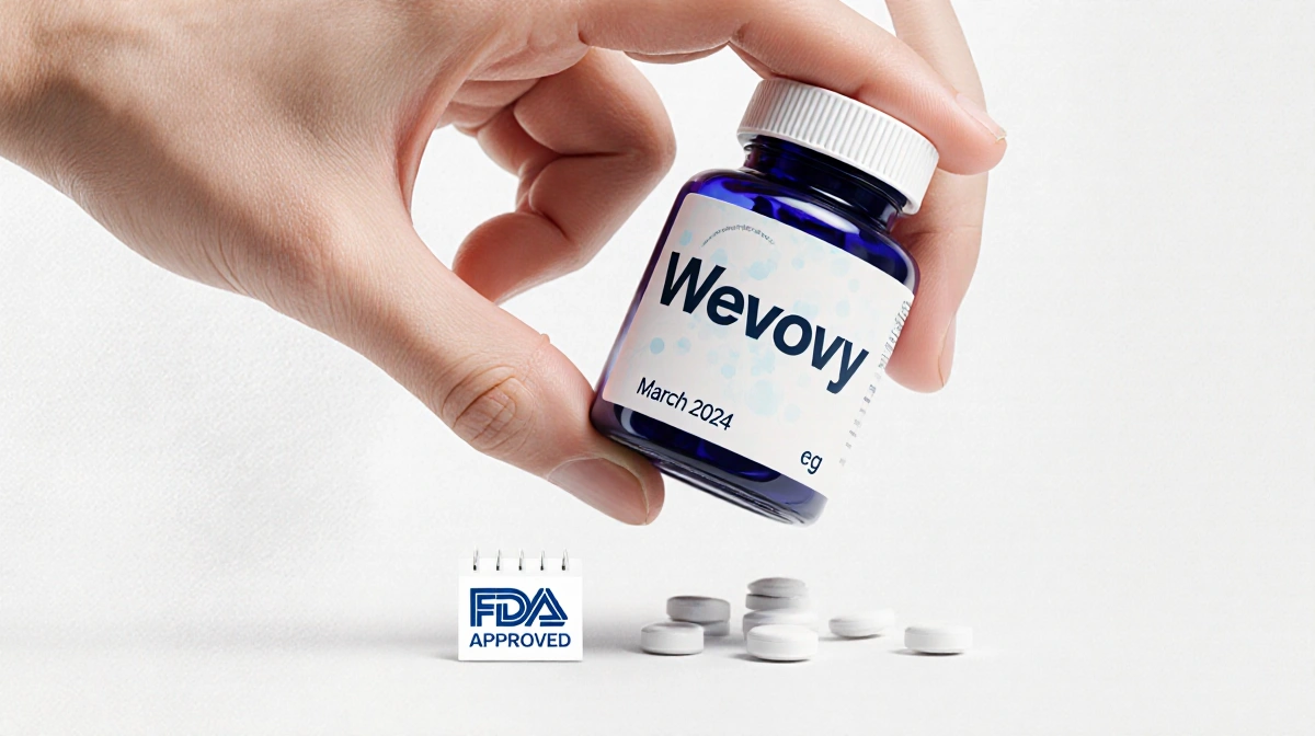 Hand holding Wegovy pill bottle with FDA approval logo and March 2024 date on clean white background.