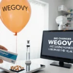 Pharmacist holding a Wegovy pill box with pills spilling onto a scale that lowers a weight loss balloon