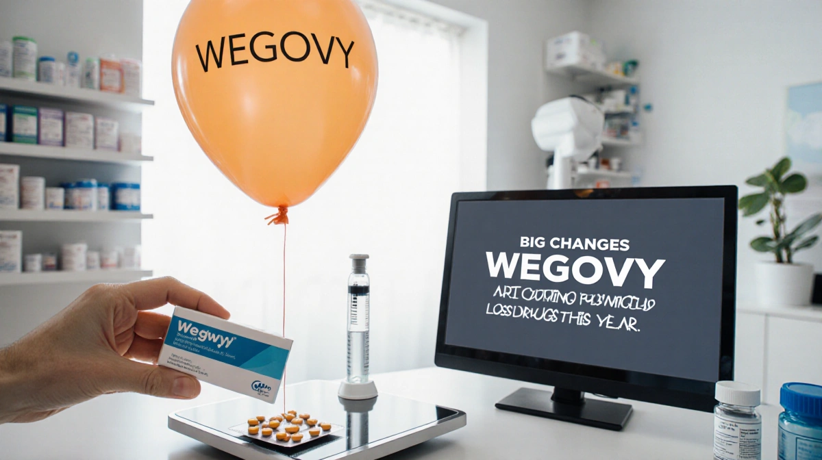 Pharmacist holding a Wegovy pill box with pills spilling onto a scale that lowers a weight loss balloon