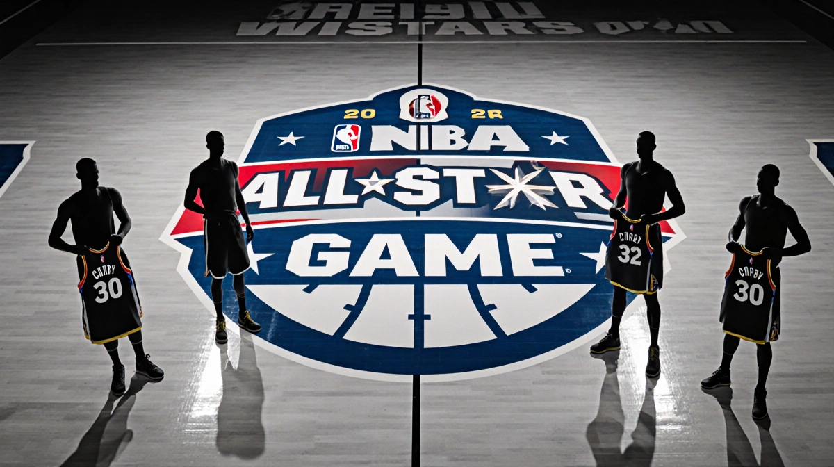Four NBA All-Star silhouettes stand over the Western Conference logo with Stephen Curry holding his jersey showing his 12th s