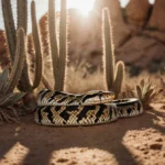 Western diamondback rattlesnake coiled in sunlight with visible rattle and distinctive pattern amid dry argyle succulents