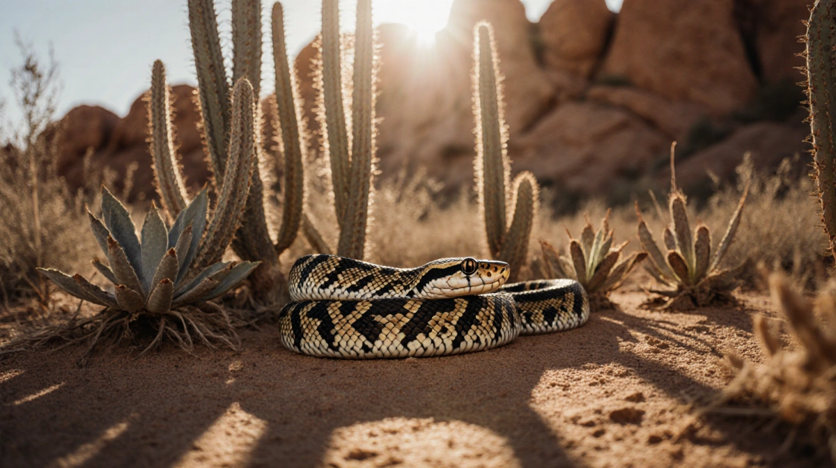 Western diamondback rattlesnake coiled in sunlight with visible rattle and distinctive pattern amid dry argyle succulents