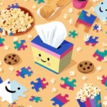 Cluttered desk spilling colorful puzzle pieces tissues and popcorn a smiling tissue box adds fun