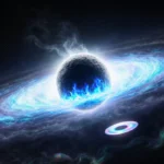 White dwarf star blazing with electric blue flames while emitting glowing bow shock wave with ghostly disk and swirling plasm