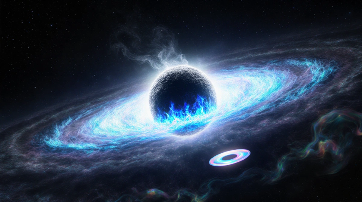 White dwarf star blazing with electric blue flames while emitting glowing bow shock wave with ghostly disk and swirling plasm