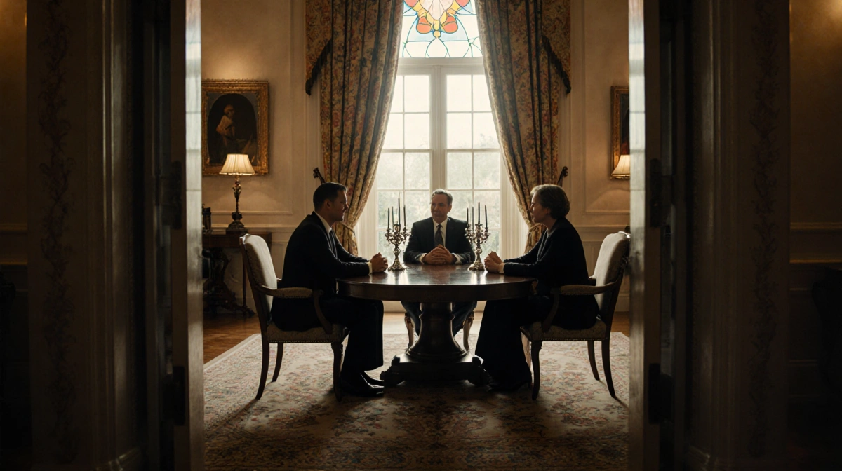 Four commissioners meeting around polished table with golden window light showing White House Ballroom elegance