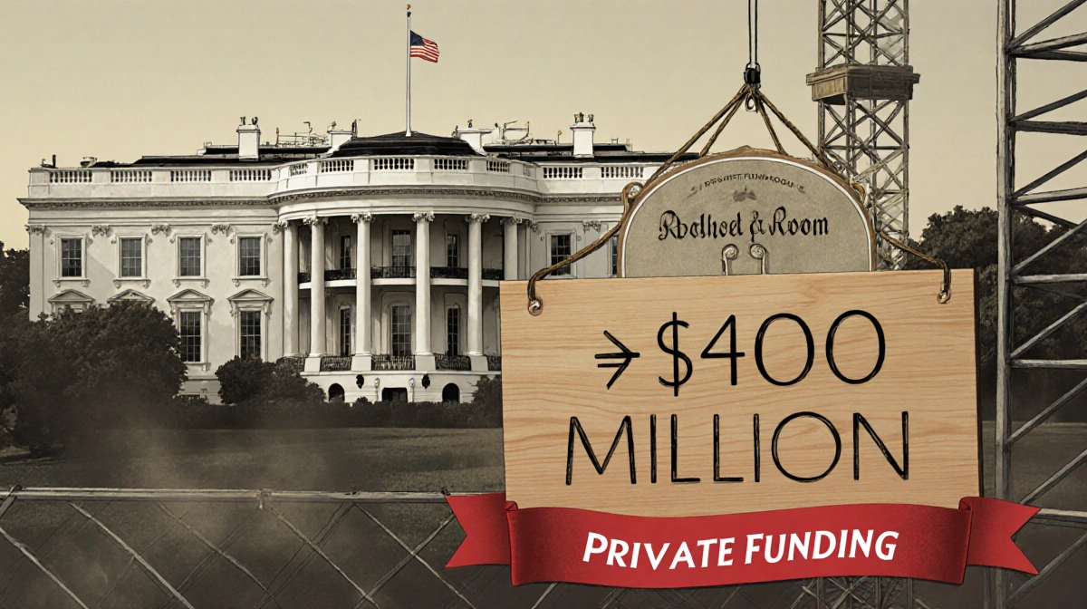 White House East Wing stands with demolition banner showing 400 million price tag and private funding ribbon