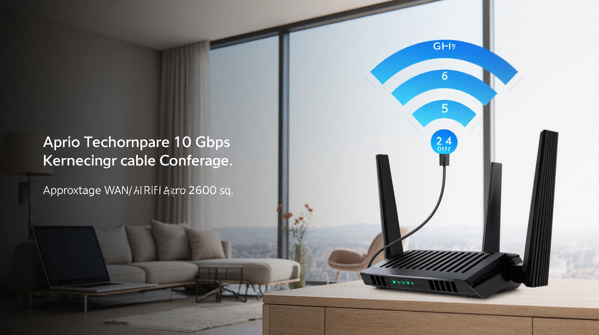 Wi-Fi router transmitting three frequency bands with laptop connected via cable and living room visible through window