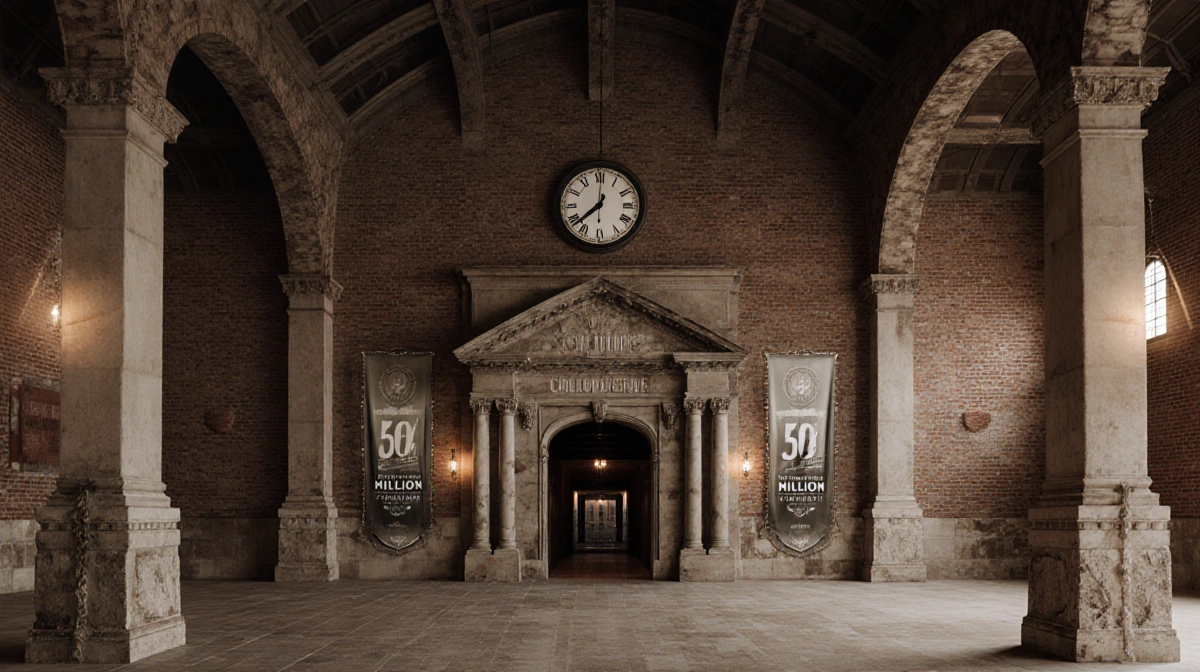Historic Will Rogers Coliseum concourse blends original brick walls with new stonework and vintage signage showing 90th anniv