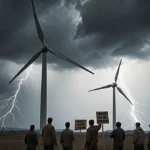 Protesters holding signs stand defiantly before motionless wind turbines with dark storm clouds and lightning overhead