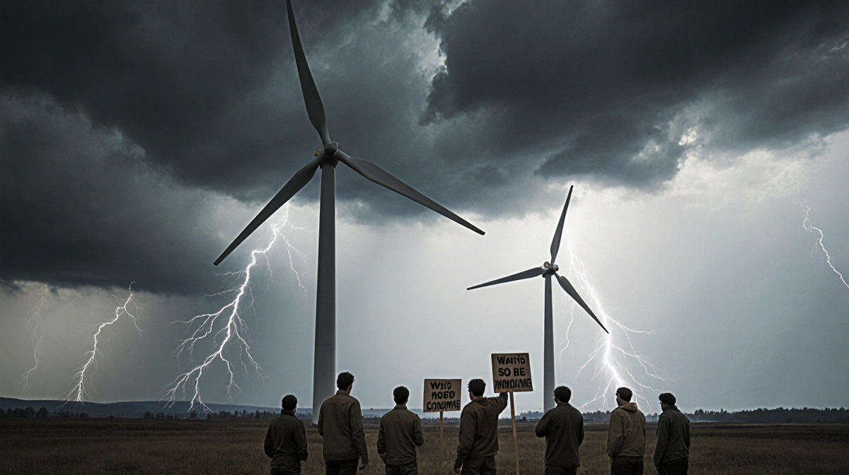 Protesters holding signs stand defiantly before motionless wind turbines with dark storm clouds and lightning overhead