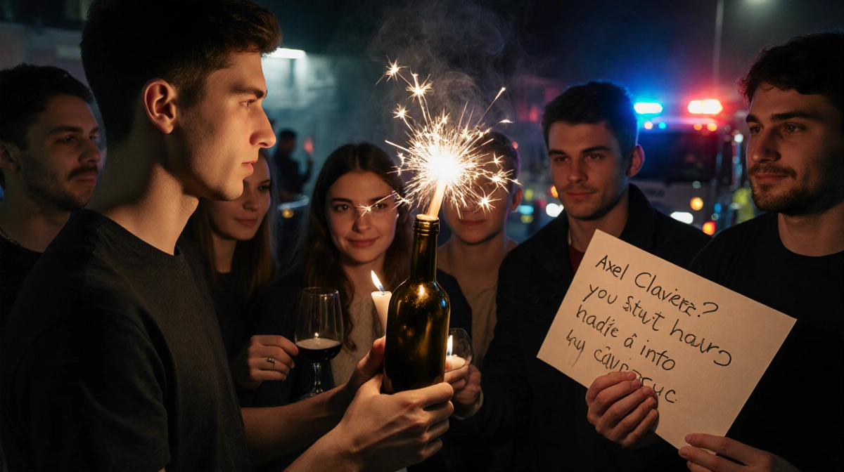 person holding candle with solidarity while community extinguish flames and fire on wine bottle with sparklers and fire crew