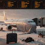 Snow-covered planes at airport are covered by tarps with flight boards showing cancellations and security lines.