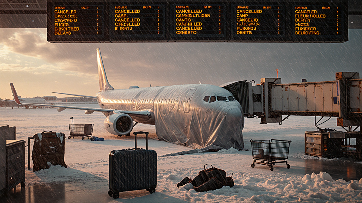 Snow-covered planes at airport are covered by tarps with flight boards showing cancellations and security lines.