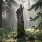 Christmas tree trunk standing upright with moss and lichen and birds perched on nearby branches