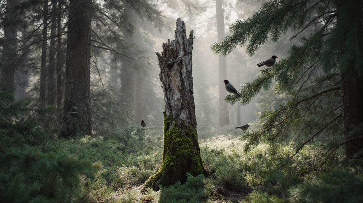 Christmas tree trunk standing upright with moss and lichen and birds perched on nearby branches