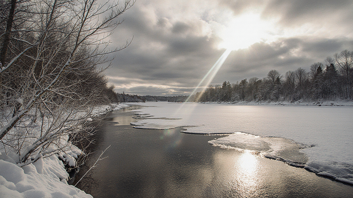Ice melts on a winter lake with warm sunbeams and bare trees showing thawing